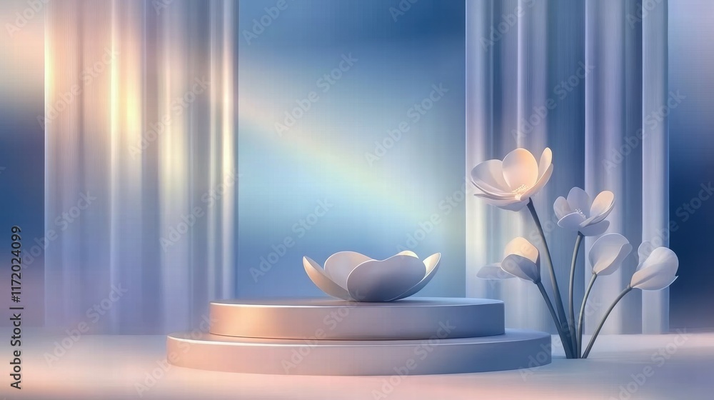 Poster a serene display featuring elegant flowers and a minimalist pedestal in soft lighting.