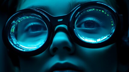 Close-up of a person wearing futuristic goggles with glowing blue LED lights. The image has a dark, mysterious, and technological feel.  The focus is on the eyes and the glasses.