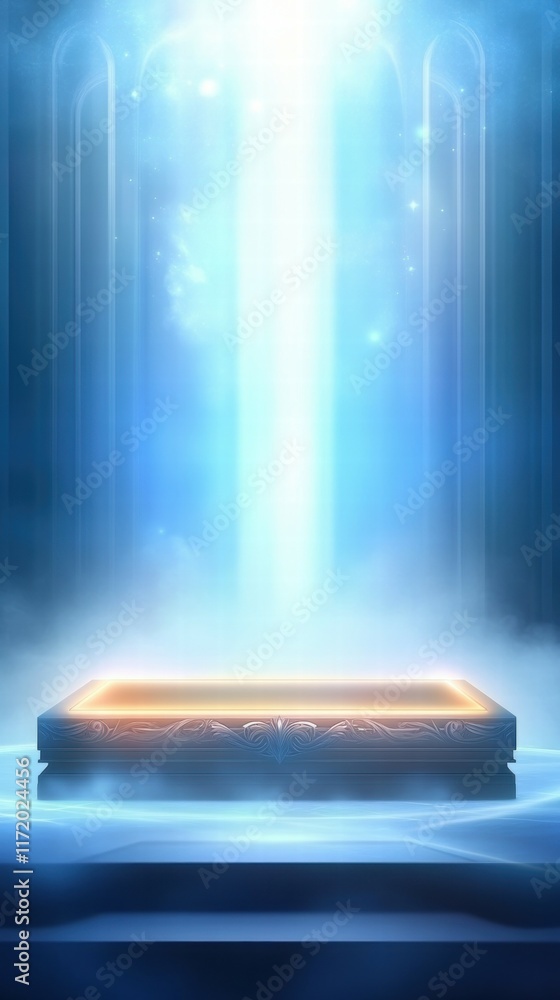 Aufkleber a glowing platform illuminated by a vertical beam of light in a misty environment.