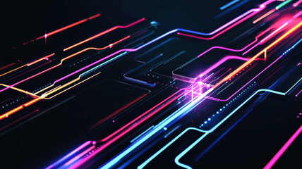 Obraz premium A dynamic Sankey diagram with glowing, flowing paths and multicolored gradients over a sleek black background.