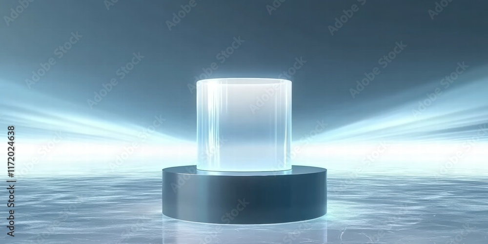 Poster A transparent cylinder on a circular base, illuminated by soft light in a serene environment.