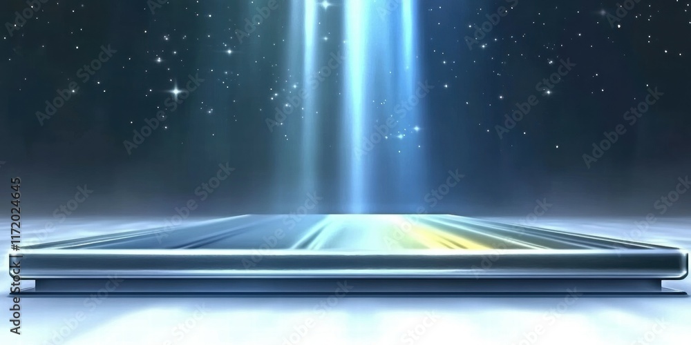 Poster a sleek, futuristic device illuminated by a beam of light against a cosmic backdrop.