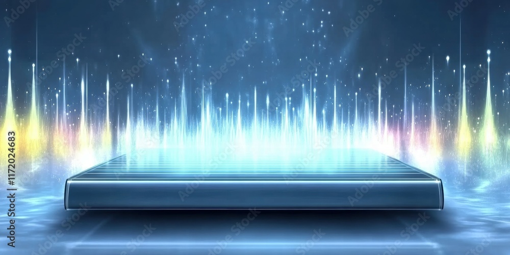Poster A futuristic platform with colorful sound wave visualizations in a digital environment.