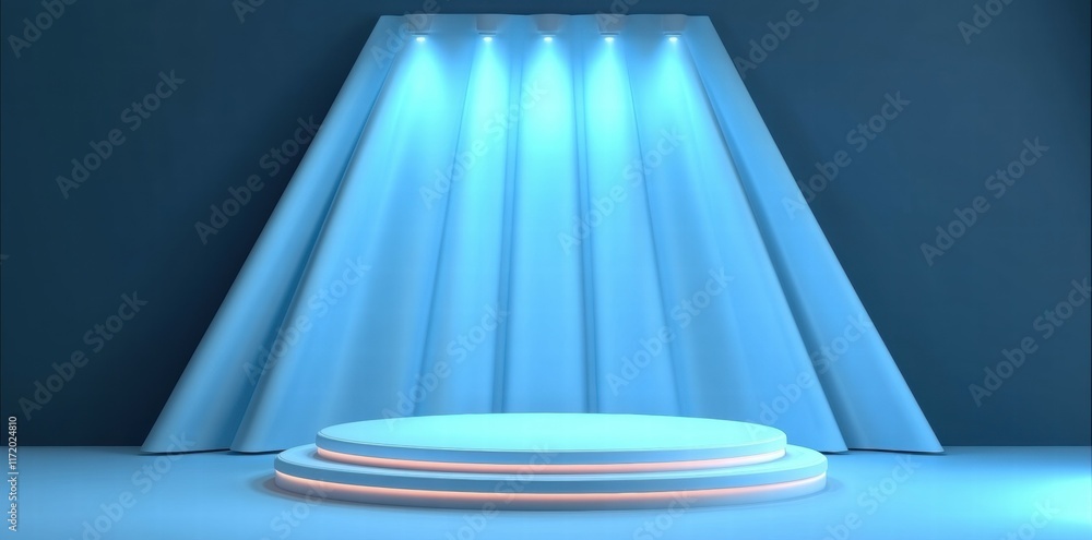 Poster a minimalist stage setup with blue lighting and draped fabric for presentations or performances.
