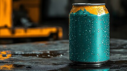 Close-Up of a Condensation-Flecked Soda Can Showcasing Vibrant Colors on a Wet Surface, Perfect for Representing Refreshment and Beverage Themes