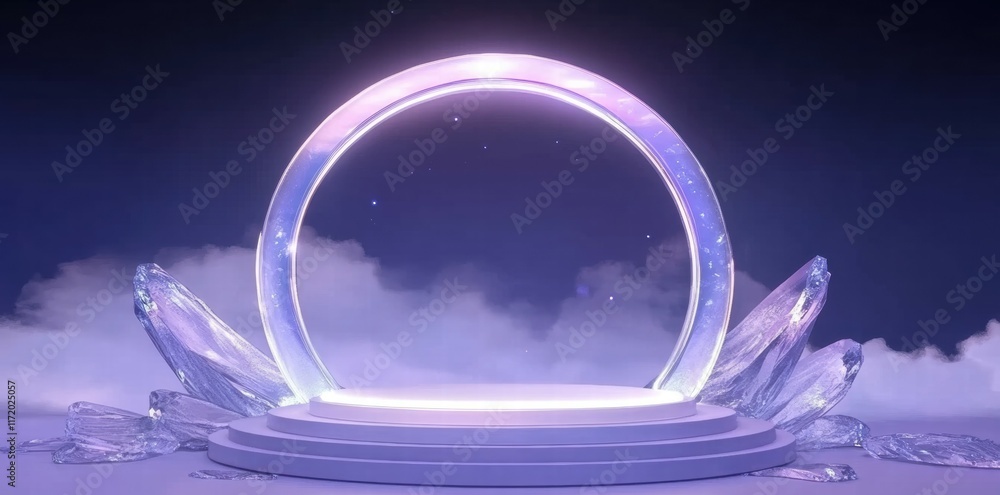 Poster a mystical stage with a glowing circular arch and crystal formations, set against a dreamy backdrop.