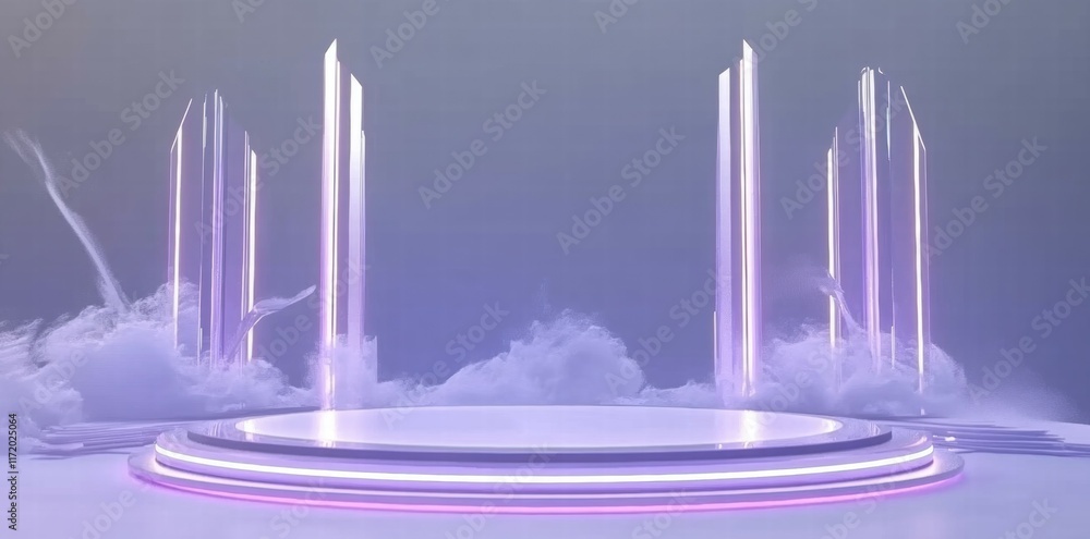 Poster a futuristic stage design with glowing pillars and mist, ideal for presentations or performances.