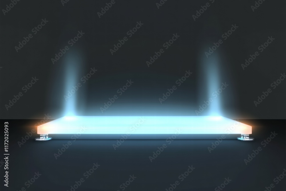 Poster a glowing, futuristic platform with soft illumination against a dark background.