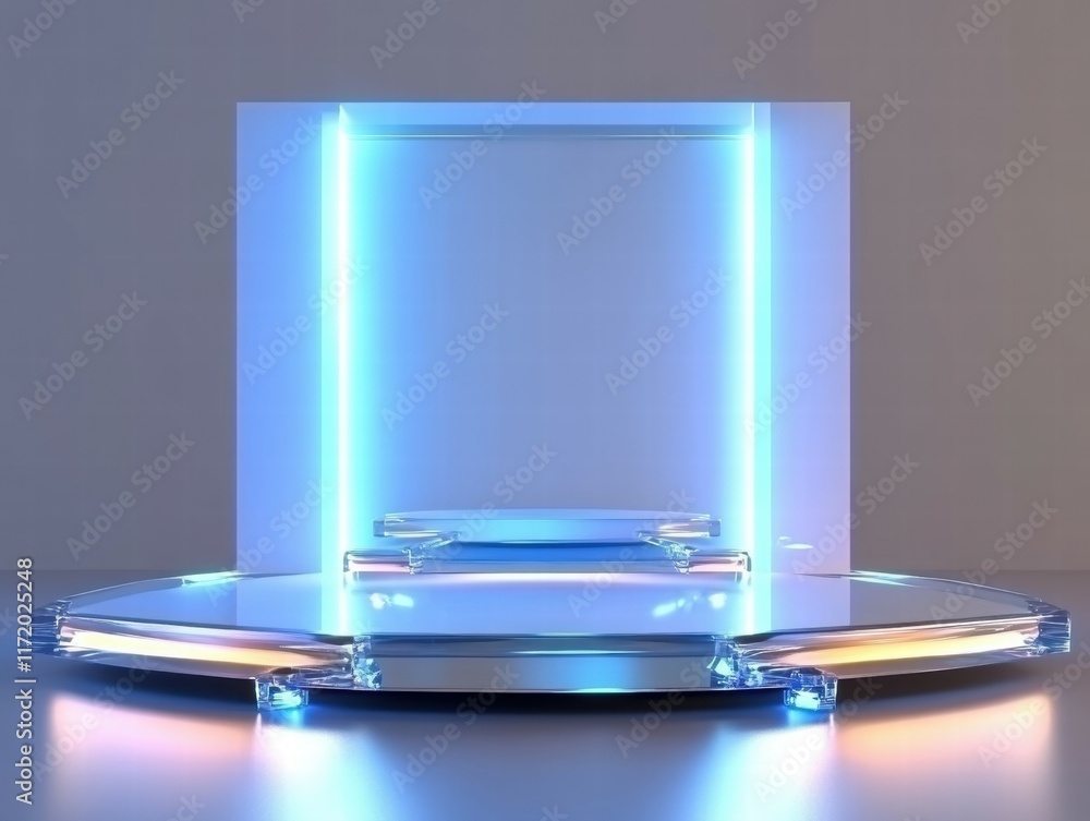 Poster A futuristic display platform with glowing edges, ideal for showcasing products or art.