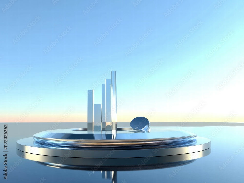 Poster A futuristic abstract representation with sleek shapes and reflections over a tranquil surface.