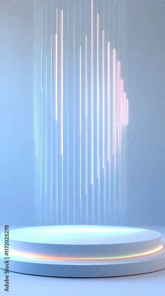 Poster a futuristic display platform with vertical light beams, suggesting technology or presentations.