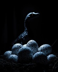 A dark scene featuring dinosaur eggs with a silhouette of a dinosaur in the background.