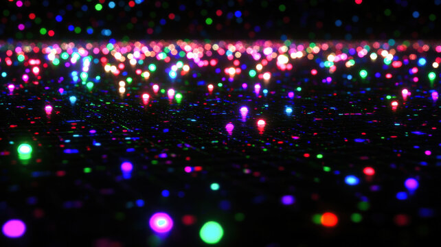 A dynamic scatter plot with glowing dots in radiant neon colors, dynamically arranged over a dark reflective surface with holographic highlights.
