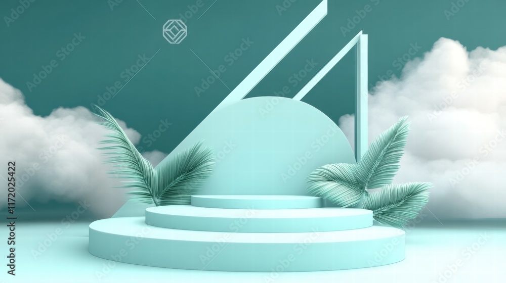 Aufkleber a minimalist stage setup with geometric shapes and tropical plants against a teal backdrop.