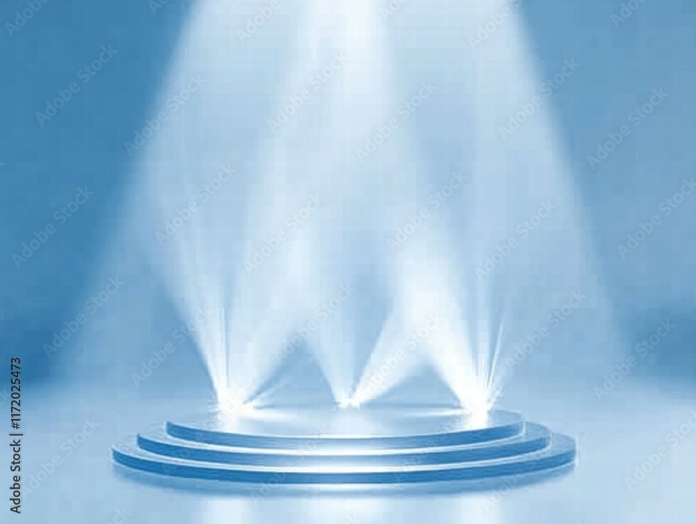 Poster a minimalist stage with three spotlight beams illuminating a circular platform.