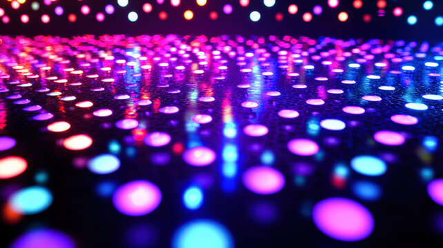 A dynamic scatter plot with glowing dots in radiant neon colors, dynamically arranged over a dark reflective surface with holographic highlights.