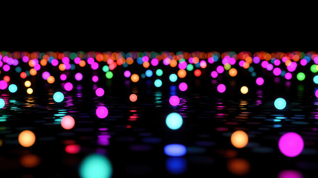 A dynamic scatter plot with glowing dots in radiant neon colors, dynamically arranged over a dark reflective surface with holographic highlights.