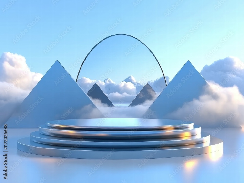 Poster a surreal stage set among clouds with pyramids and an arch, suggesting a dreamy atmosphere.