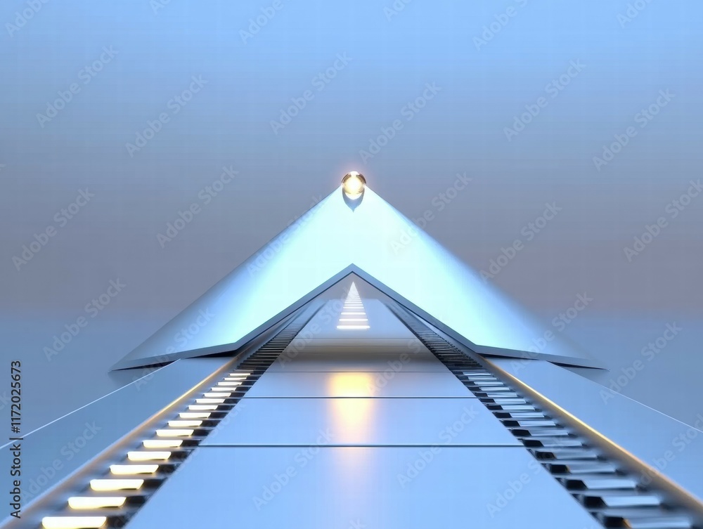 Leinwandbilder a futuristic pyramid structure with a pathway leading towards it, illuminated softly.
