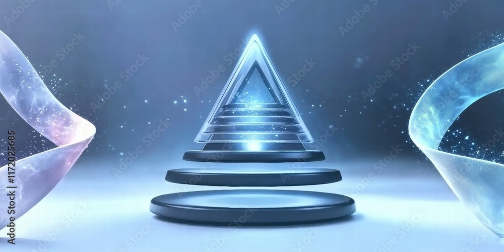 Leinwandbilder a futuristic scene featuring a glowing triangular structure with layered platforms and ethereal ribb