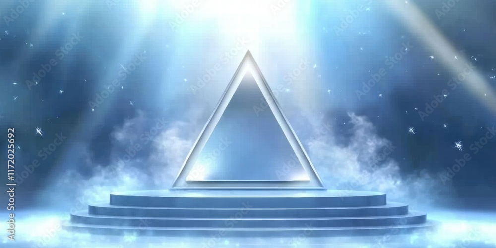 Poster A mystical triangular structure illuminated by beams of light, surrounded by a misty atmosphere.