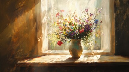 Sunlit Wildflowers in Rustic Vase by Window