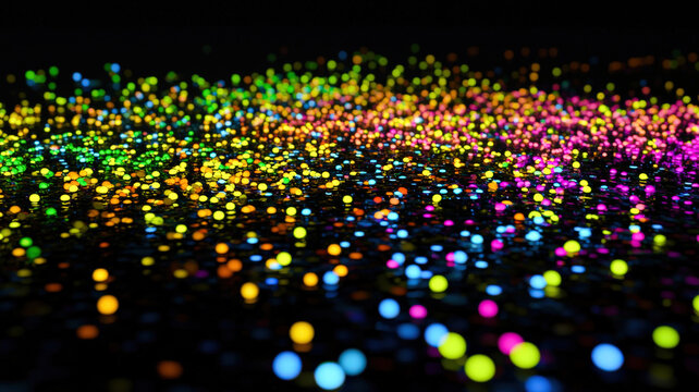 A dynamic scatter plot with glowing dots in radiant neon colors, dynamically arranged over a dark reflective surface with holographic highlights.
