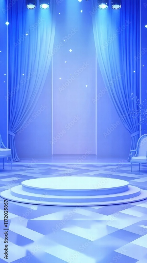 Poster a blue-lit stage with curtains and a circular platform, designed for performances or presentations.