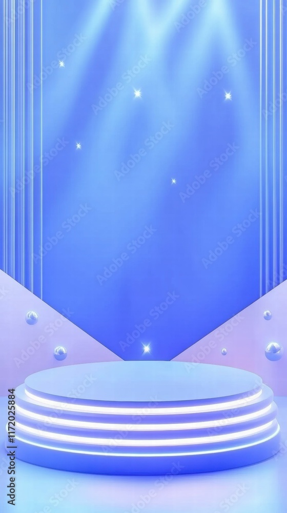 Poster a minimalist stage setup with soft lighting and geometric shapes, ideal for presentations or perform