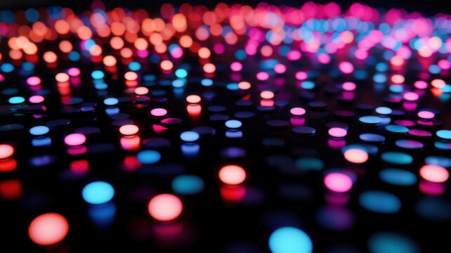 A dynamic scatter plot with glowing dots in radiant neon colors, dynamically arranged over a dark reflective surface with holographic highlights.
