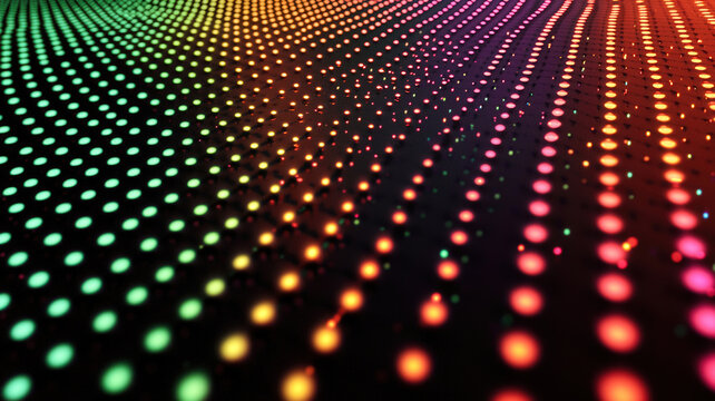 A dynamic scatter plot with glowing dots in radiant neon colors, dynamically arranged over a dark reflective surface with holographic highlights.
