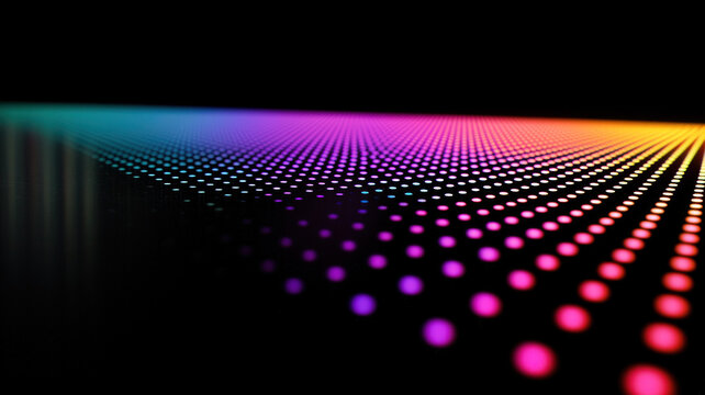 A dynamic scatter plot with glowing dots in radiant neon colors, dynamically arranged over a dark reflective surface with holographic highlights.
