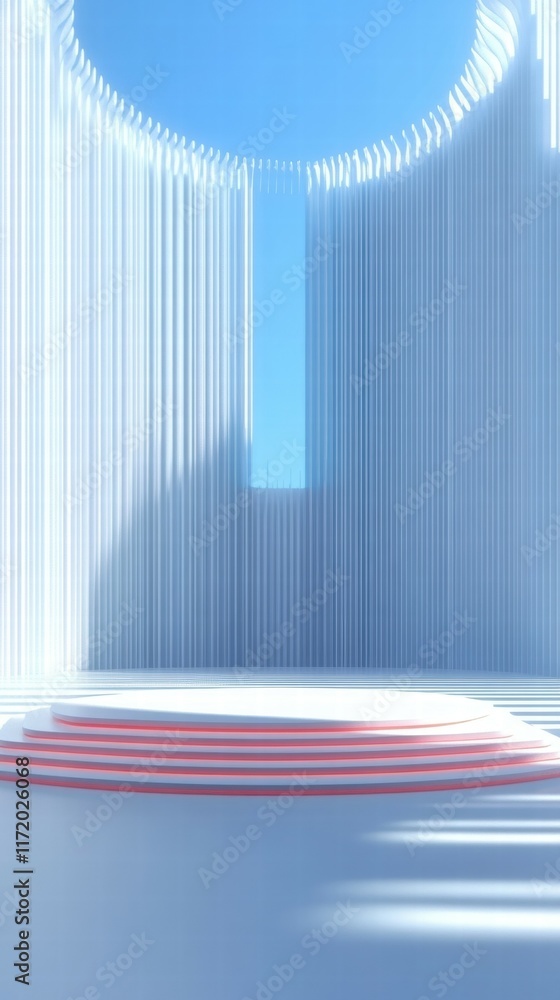 Poster a minimalistic architectural space with a circular platform and bright blue sky.