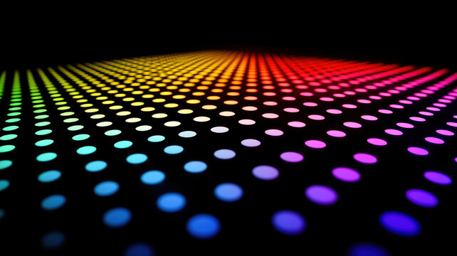 A dynamic scatter plot with glowing dots in radiant neon colors, dynamically arranged over a dark reflective surface with holographic highlights.
