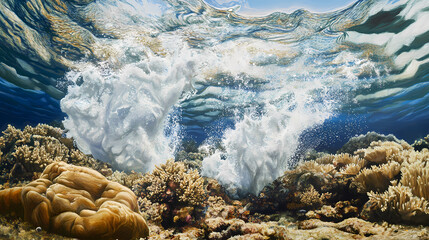 Waves crashing into a reef, creating a wild spray of water, reef wave splash, untamed ocean motion. Tidepool. Illustration