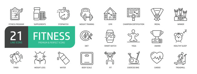 Set Of Fitness Line Icons. Contains such icons as Gym, Yoga, Fit, Body Scale, Weight Loss, Diet, Smart Watch, Exercise Bike, Treadmill, Stopwatch.