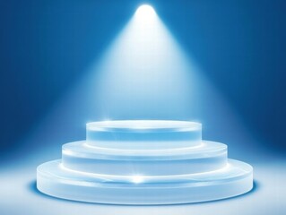 Obraz premium A glowing, three-tiered platform illuminated by a spotlight against a blue background.
