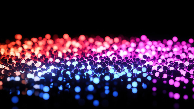 A dynamic scatter plot with glowing dots in radiant neon colors, dynamically arranged over a dark reflective surface with holographic highlights.
