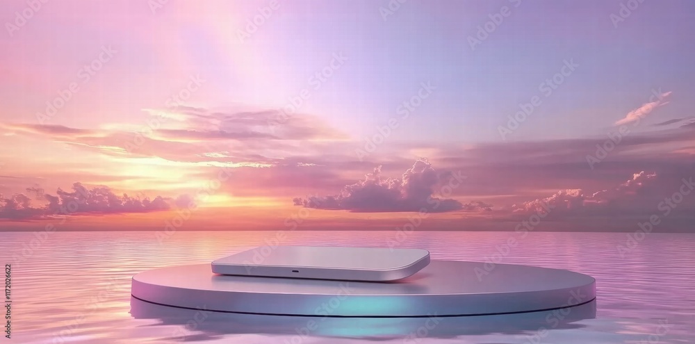 Aufkleber a sleek device rests on a circular platform above a tranquil water surface at sunset.