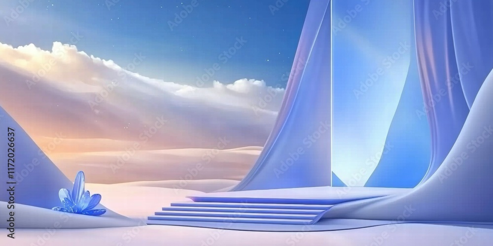 Poster a serene, futuristic landscape with soft colors and crystal-like structures.