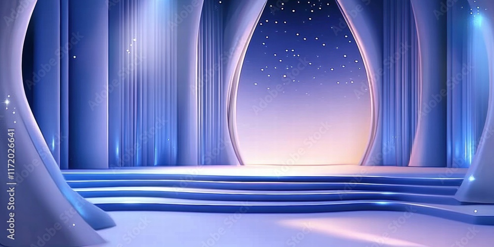 Poster A serene stage setting with soft lighting and elegant drapery, perfect for performances.