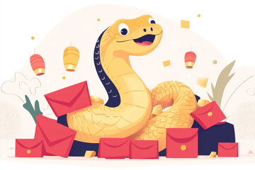 Fototapeta premium cheerful cartoon snake surrounded by red envelopes and festive decorations, symbolizing prosperity and good fortune during Lunar New Year celebrations