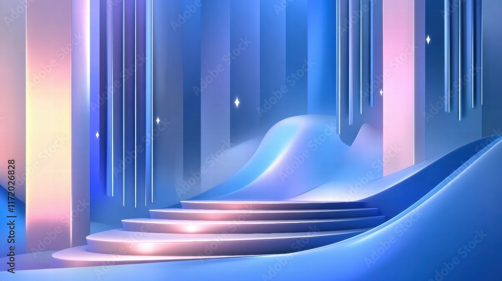 Aufkleber a serene, abstract space with soft curves and glowing lights, ideal for presentations or events.