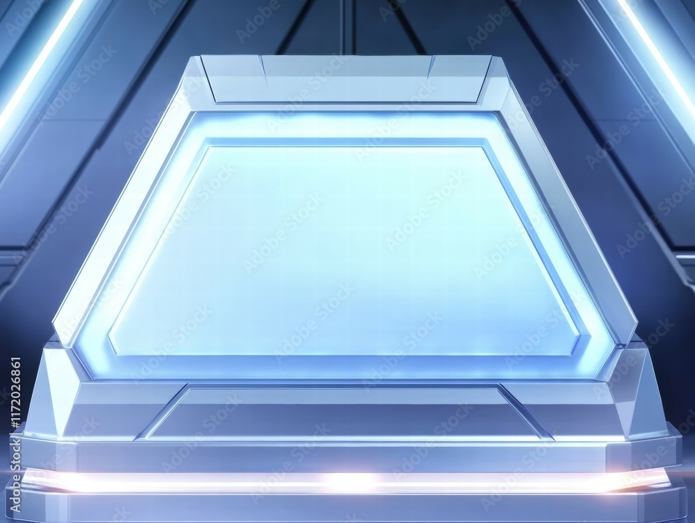 Poster a futuristic display panel with a glowing blue interface in a sleek environment.