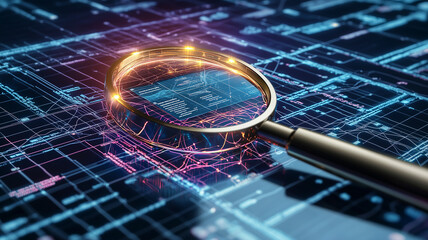 Close up of a magnifying glass focused on abstract digital data.
