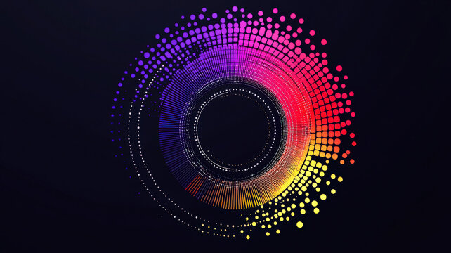 A dynamic scatter plot with vibrant, circular data points in contrasting shades of purple, red, and yellow, set on a simple dark background.
