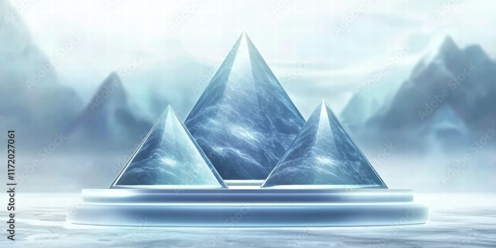 Poster a serene depiction of three icy pyramids on a platform, surrounded by a misty atmosphere.