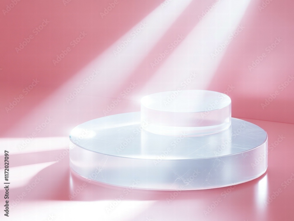 Poster A minimalist display featuring translucent shapes on a soft pink background.