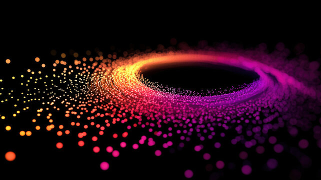 A dynamic scatter plot with vibrant, circular data points in contrasting shades of purple, red, and yellow, set on a simple dark background.