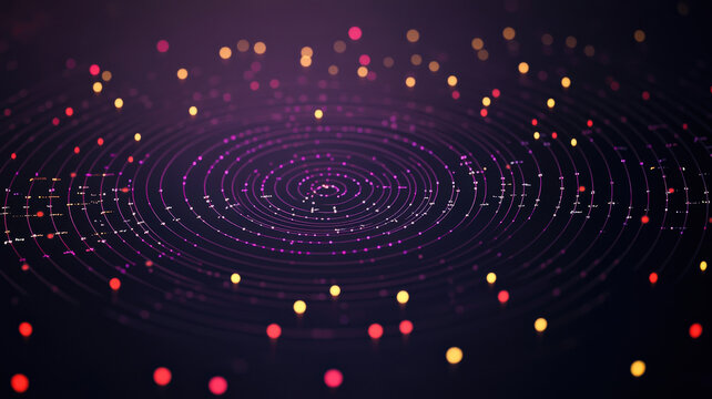 A dynamic scatter plot with vibrant, circular data points in contrasting shades of purple, red, and yellow, set on a simple dark background.
